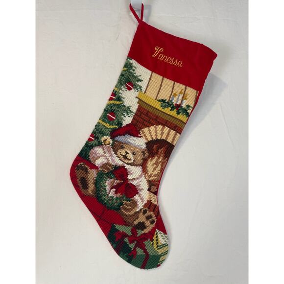 Vtg Needlepoint Christmas Stocking Teddy Bear Wool Velvet Lillian Vernon VANESSA - Picture 1 of 3